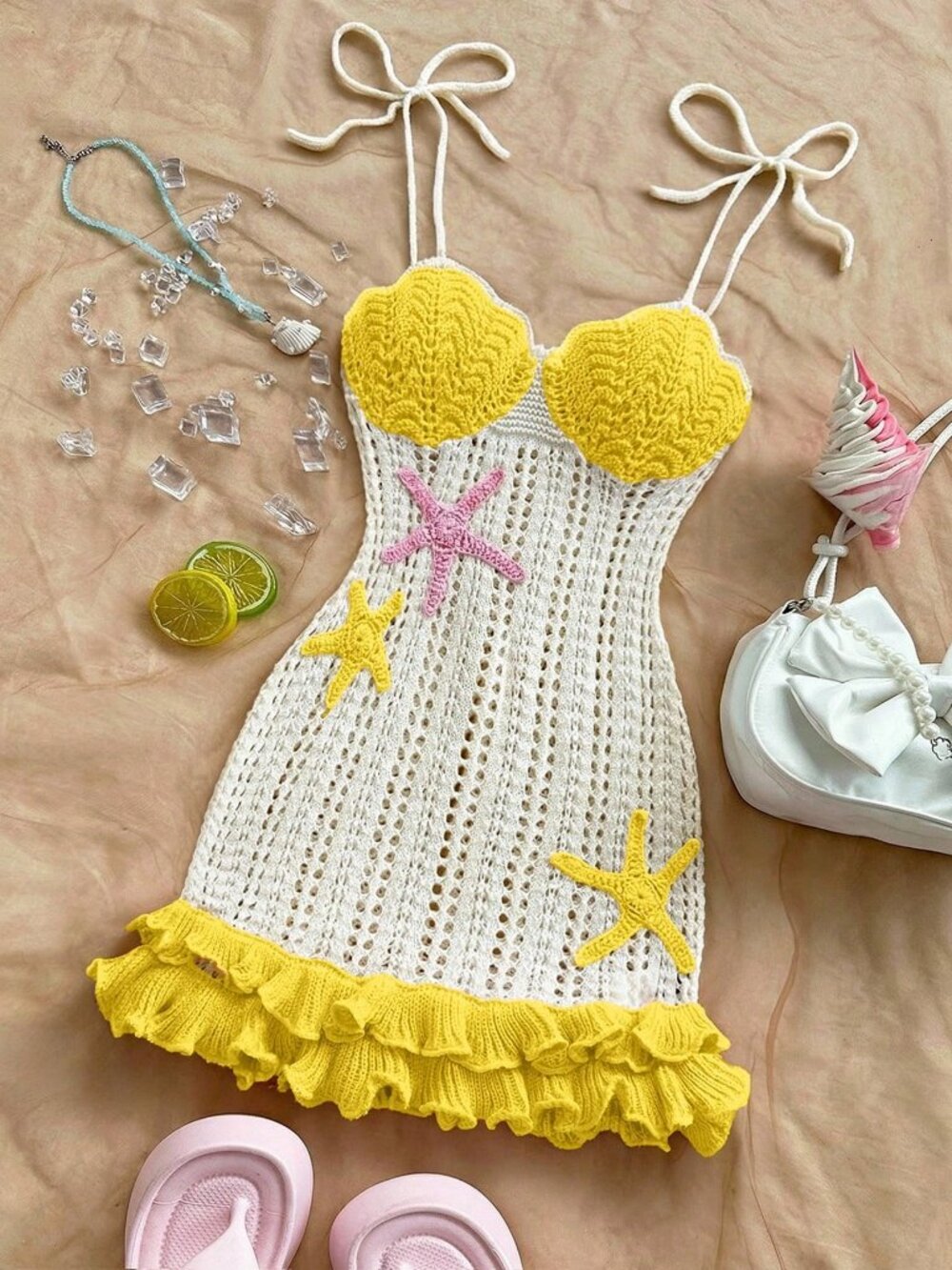 Yellow Casual Women's Cute Starfish Decor crochet Knit mini Dress - Picture 3 of 7